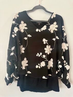 August Silk Black Embroidered Floral V-Neck Butterfly Sleeve Blouse Top L